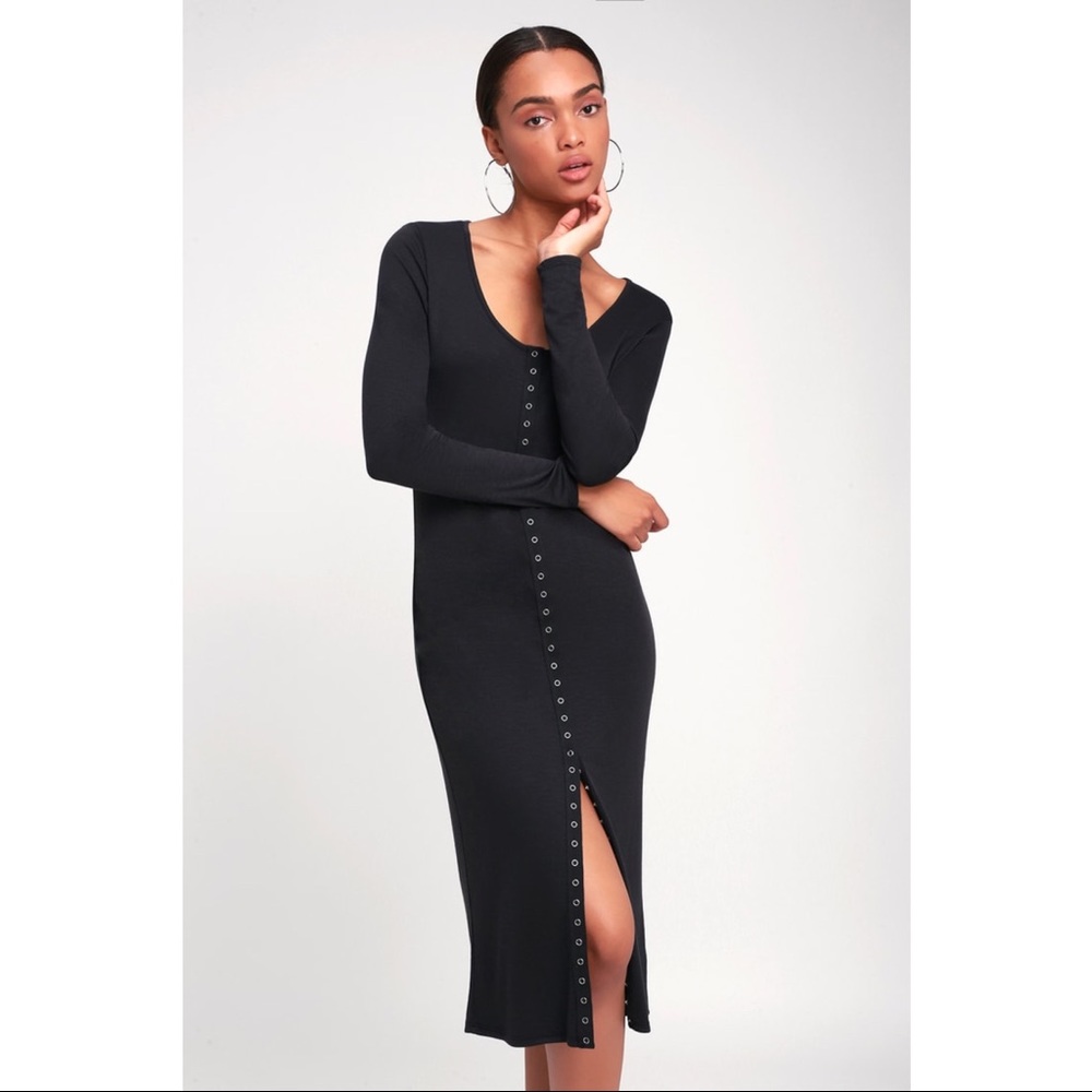 Lulu’s In a Snap Washed Black Ribbed Snap Front Long Sleeve Midi Dress Size XS